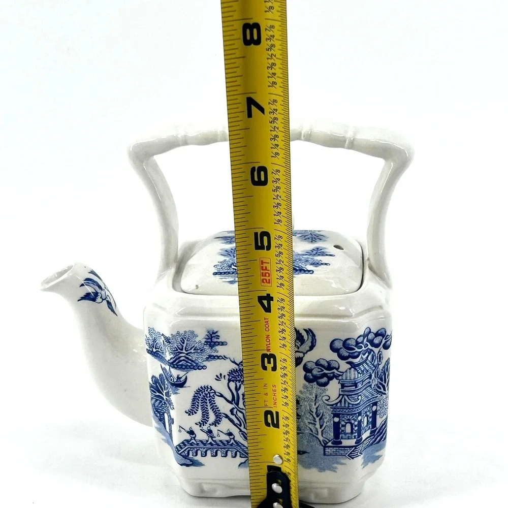 Churchill Blue Willow Chinoiserie Ceramic Teapot Blue White Pagoda Square Base